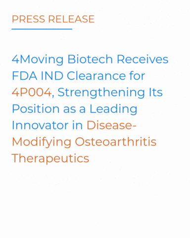 4Moving Biotech (4MB), a clinical stage biotechnology company developing next-generation, disease-modifying therapies for osteoarthritis (OA), today announced that the U.S. Food and Drug Administration (FDA) has cleared its Investigational New Drug (IND) application for 4P004, enabling the expansion of the Phase 2a INFLAM MOTION clinical trial into the United States (US).