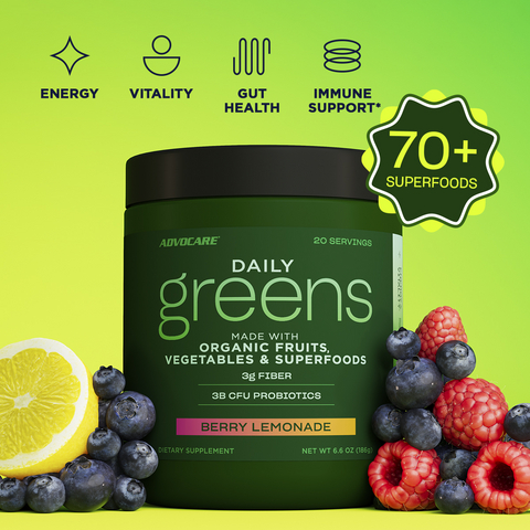 AdvoCare Daily Greens is crafted with a powerful blend of over 70 organic superfoods, antioxidants, digestive enzymes, prebiotics, and multivitamins that support energy, vitality, gut health, and immune system support.