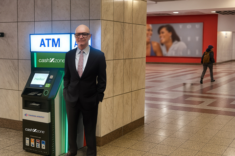 original Ioannis Vougioukas, CEO of Epirus Bank, standing next to an NCR Atleos Cashzone cobranded ATM in the Syntagma Metro station in Athens, Greece.