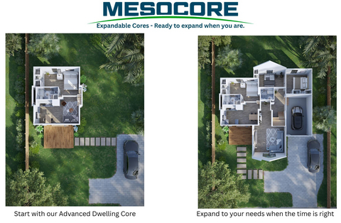 original Side-by-side view of a Mesocore expandable home shown in its initial 420-square-foot modular core configuration and an expanded multi-bedroom configuration of up to approximately 1,500 square feet.