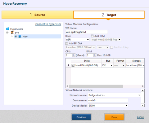original HyperRecovery target configuration screen showing virtual machine settings for recovery to a Proxmox hypervisor, including boot mode, CPU, memory, disk mapping, storage location, and network interface options prior to completing the recovery process.