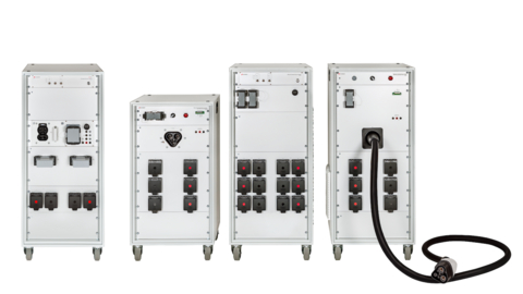 The SL1047A Scienlab Charging Discovery System - High-Power Series (left). The SL2600A Megawatt Charging Discovery System (right), and its EV and EVSE hardware extension systems (far right).