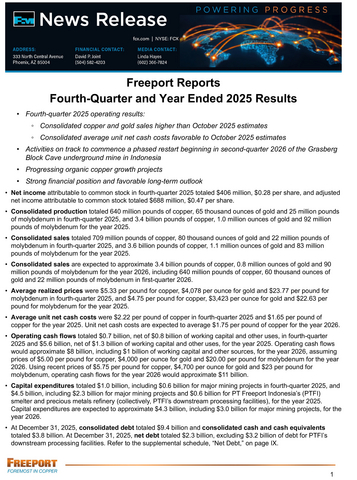 original Freeport Reports Fourth-Quarter and Year Ended 2025 Results