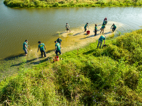 Volunteers working together to plant marsh grass to prevent erosion and improve wildlife habitat at Galveston Bay Foundation's Marsh Mania! held last year at Exploration Green (both organizations were 2025 Port Houston Community Grants Program grantees).