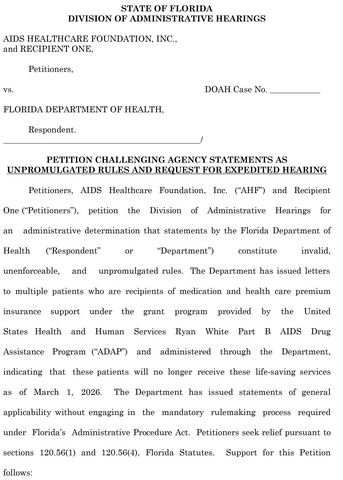 original AHF ADAP Lawsuit against the Florida Department of Health over illegal rule changes to ADAP eligibility