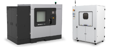 original From left, Stratasys F900™ industrial printer and PostProcess® BASE Automated FDM Support Removal System.