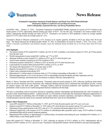 original Trustmark Corporation Announces Fourth Quarter and Fiscal Year 2025 Financial Results