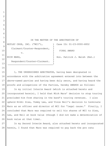 original Final Arbitration Award rejecting every claim Mick Mars made against Mötley Crüe.