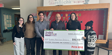 original Domenic Primucci, President of Pizza Nova, presents a cheque for $18,108 to Student Nutrition Ontario at Elmlea Junior School on January 29, 2026. From left to right: Erikka Formuso, Marketing specialist, Pizza Nova, Marylyn Batthish, Director of Marketing, Pizza Nova, Vitan Pravtchev, Administrative Officer, Elmlea Junior School, Domenic Primucci, President, Pizza Nova, Hannah Mawhinney, Project Manager, Student Nutrition Ontario, Anne Prospere, SNP Coordinator, Elmlea Junior School.