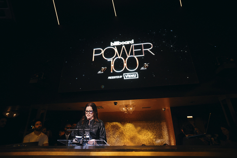 VENU's President of Growth and Strategy, Terri Liebler presenting Billboards Disruptor Award at the 2026 Power 100 in Los Angeles to PlaqueBoyMax