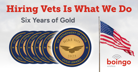 Boingo Wireless is proud to receive its sixth consecutive HIRE Vets Medallion Gold Award from the U.S. Department of Labor, honoring the company's long-term commitment to recruiting and advancing U.S. military Veterans.