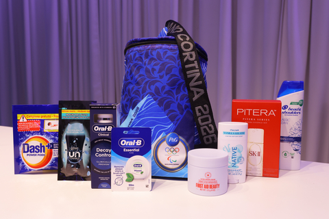 The P&G Athlete Welcome Kit featuring SK-II Heritage PITERA Essence Kit, First Aid Beauty Ultra Repair Cream, Native Italian Vanilla Gelato deodorant, Head & Shoulders Classic Clean shampoo, Oral-B toothpaste and dental floss, Dash and Lenor laundry detergent and scent beads.