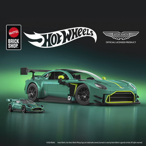Inspired by one of modern GT racing’s most competitive machines, the 793-piece building set recreates the Aston Martin Vantage GT3 using the Mattel Brick Shop real metal parts.
