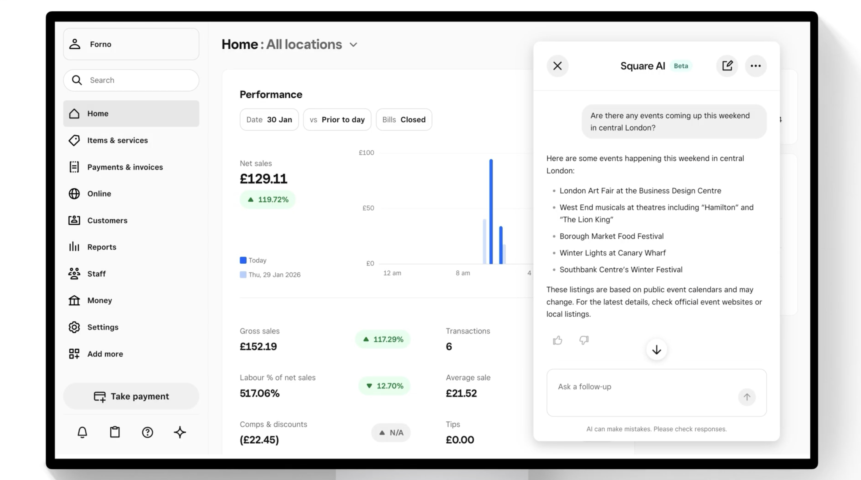 Square AI can help operators factor in local events and conditions when making day-to-day decisions. (Graphic: Square)