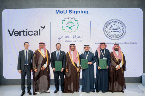 Vertical Aerospace CEO Stuart Simpson with executive leadership from AHQ Group and NIDC at the MOU signing in Riyadh.
