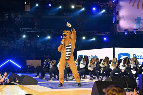 Penn State’s Nittany Lion mascot leads a dance at the THON fundraising event