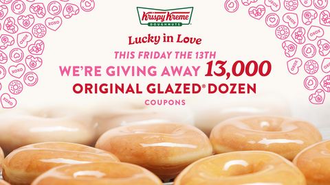To sweeten Valentine’s Weekend and bring a side of good luck, Krispy Kreme on Friday, Feb. 13 will give away 13,000 Original Glazed® dozens to randomly selected guests at participating U.S. shops throughout the day