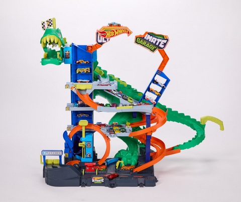The Hot Wheels Ultimate T-Rex Garage Playset offers the ultimate play experience with an extra-large T-Rex, multiple floors of storytelling play, and endless opportunities to stunt, race, and battle creatures. It includes a 4-car elevator, space for 50+ vehicles, and is Speed Snap™ compatible, unlocking expanded play with Hot Wheels track.