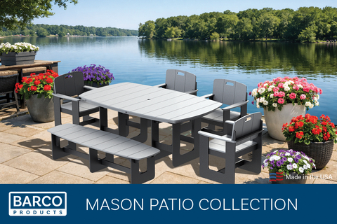 Barco Products Expands Mason Furniture Collection to Deliver a Complete Modern Outdoor Solution. Modern Design. Timeless Durability. Crafted from long-lasting recycled plastic lumber, every Mason product is made in the USA, backed by a 50-year guarantee, and engineered to withstand the elements. The collection’s low-maintenance, graffiti-resistant surfaces and eight vibrant color options make it ideal for housing communities, parks, schools, resorts, and commercial properties seeking a durable yet sophisticated outdoor solution.