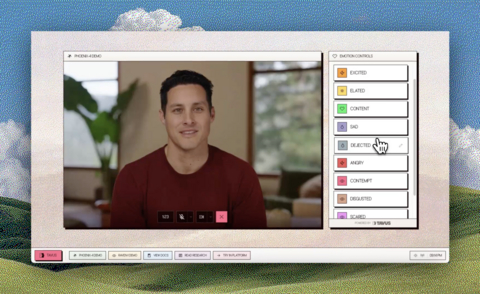The Phoenix-4 demo interface shows explicit emotion controls, including excited, elated, content, sad, angry, and more, that developers can use to guide AI human emotional expression in real time. Try the demo at phoenix.tavuslabs.org.