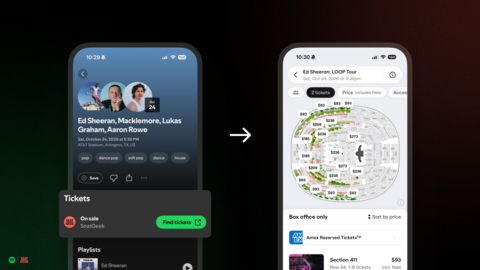 Spotify users can discover live events and access official SeatGeek primary tickets directly through Spotify’s event discovery experience.