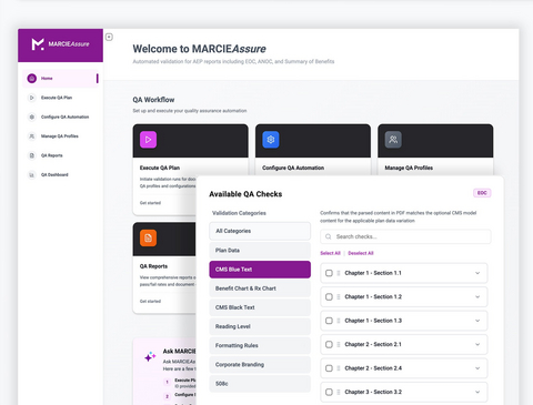 Messagepoint's MARCIEAssure is an AI-powered QA solution that reduces the time, effort, and risk associated with ensuring Medicare Advantage ANOCs and EOCs are accurate and comply with CMS requirements.