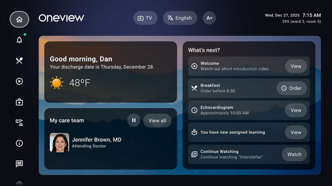 These capabilities are delivered through Oneview’s new frontend experience, which brings Ovie Engage directly to the patient home screen and provides a consistent, intuitive entry point for guided interaction throughout the stay.