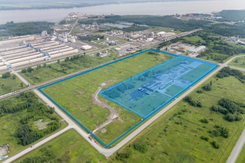 original Aerial view of NMG’s greenfield site and adjacent brownfield acquisition in Bécancour, Québec, for the development of a battery material plant dedicated to Panasonic Energy’s volumes.