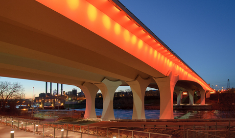 Landmarks and buildings across the country are illuminated orange during the month of March in honor of Kidney Cancer Awareness Month. Pictured is the I-35W Saint Anthony Falls Bridge in Minneapolis, Minnesota. Photo courtesy of the Minnesota Department of Transportation.