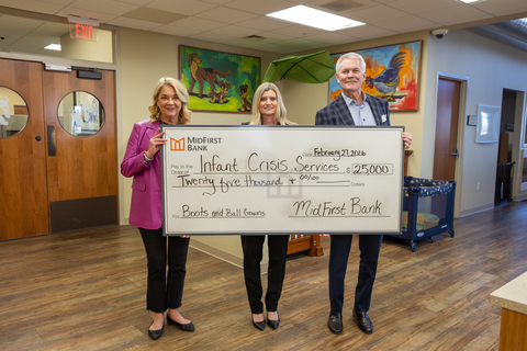 Check presentation with (from left to right) Miki Farris (Executive Director of Infant Crisis Services), Carrie Yowell (Director of Charitable Giving, MidFirst Bank) and Todd Dobson (CEO of MidFirst Bank)