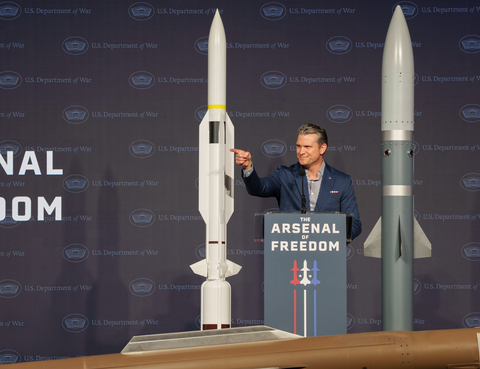 Secretary of War Pete Hegseth addresses a crowd of approximately 1,500 L3Harris employees in Camden, Arkansas, as part of his “Arsenal of Freedom” tour.