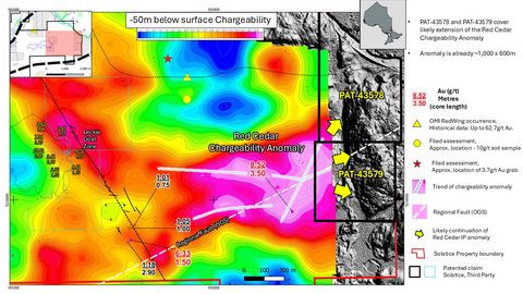 Slice of the 3D chargeability model 50 m below surface showing the new Red Cedar anomaly. Note also likely continuation of Red Cedar IP anomaly eastward onto newly acquired patents.