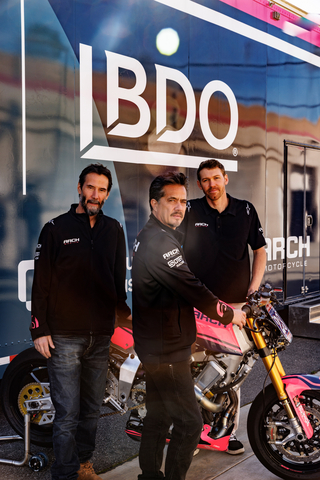 L-R: ARCH Racing co-founders Keanu Reeves and Gard Hollinger, ARCH motorcycle rider Corey Alexander