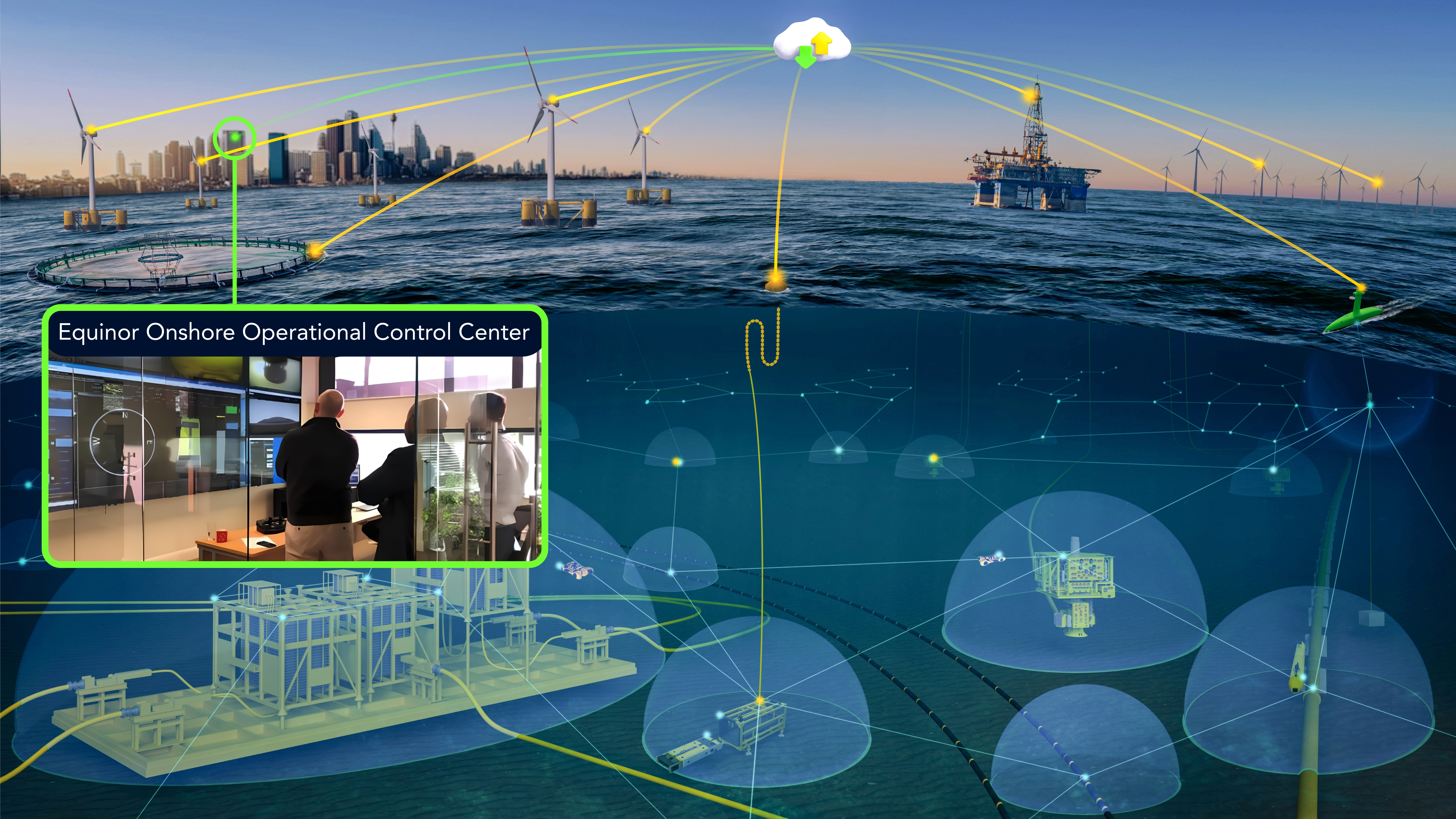 This image shows the drawing of the future of undersea infrastructure being monitored by autonomous underwater vehicles that connect via Hydromea high-bandwidth wireless local area network to the cloud of the asset owner Equinor. This enables remote control and HD video streaming in real time to the control room of Equinor that is shown in the real picture taken at Equinor.