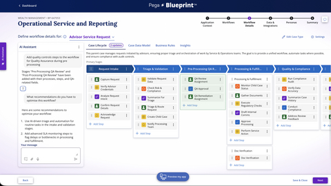 This screenshot shows how the new vibe coding assistant in Pega Blueprint seamlessly guides users through conversational language to build enterprise ready applications.