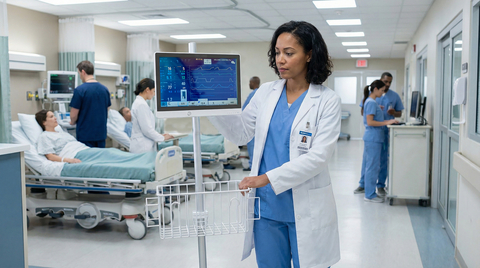 A clinician accesses patient information using the DT573 medical All-in-One computer from DT Research, a new class of compact medical computers designed to bridge the gap between mobile tablets and traditional full-size AIO systems. The DT573 and DT556 bring flexible point-of-care computing to stick carts, wall mounts, and kiosks across modern healthcare environments.