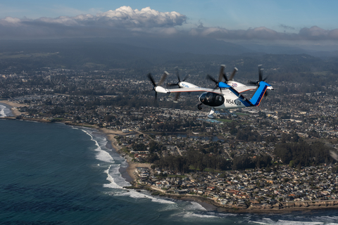 A piloted Joby electric air taxi flying over Santa Cruz, California earlier this year. (Photo: Joby Aviation)