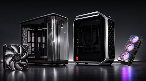 Cooler Master's winning iF designs: MasterFran A120, MasterFrame 360 Panorama, COSMOS Alpha and Custom GPU Fan Cooling Kit.