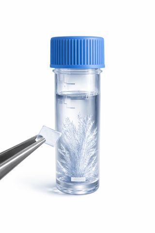 A FreezOpt™ nucleation insert (held by tweezers) initiates controlled ice formation inside a cryovial, with ice crystals propagating outward from the technology during freezing. This cryovial insert provides a consistent trigger for ice nucleation, helping laboratories improve post-thaw cell viability and consistency in cryopreservation workflows.

Image credit: HOHCells, LLC.