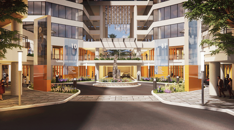 A first look at CP Group's repositioning of The Fountains at Piedmont Center to Buckhead Medical Center, featuring a new patient drop-off with a covered roundabout, valet, and a transportation lounge, among other amenities (subject to continued evolution)