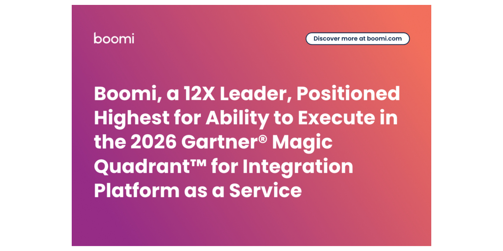  Boomi, un leader per 12 volte, si posiziona al primo posto per la Capacità di esecuzione nel Magic Quadrant™ 2026 di Gartner® per Integration Platform as a Service