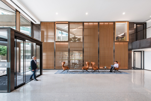 A look at CapRock's full transformation of the main building at 6903 Rockledge Drive, including a new two-story lobby, revitalized fitness center, and second-floor tenant lounge.