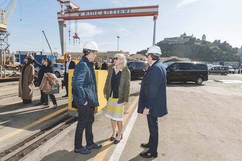 Karine Hagen arrives at Fincantieri’s Ancona Shipyard for the float out ceremony of the Viking Libra.