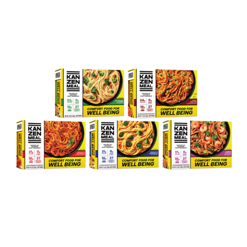 KANZEN MEAL frozen entrees: Fettuccine Alfredo, Spicy Dan Dan, Spaghetti Bolognese, Spaghetti Carbonara, Shrimp Teriyaki.