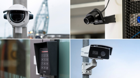 original Axis Communications announced a series of new security innovations designed to increase deployment flexibility, enhance edge intelligence, and scale modern systems, including (clockwise from top left) AXIS TP3604-E, AXIS F2180-TE, AXIS Q2802-E, and AXIS A4131-E.