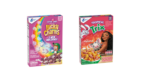 Lucky Charms Unicorn Cotton Candy and Tropical Trix featuring Disney’s Moana cereals add a playful twist to morning routines