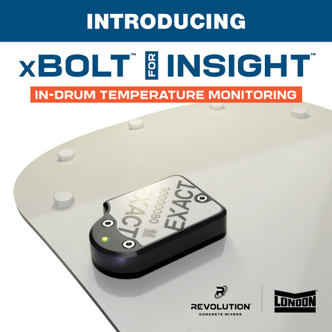 Revolution | London introduces xBOLT™ for INSIGHT™ In-Drum Temperature Monitoring, a fully integrated, wireless sensor designed to provide real-time concrete temperature visibility during transit. Engineered as a self-contained unit within a drum hatch bolt, xBOLT™ delivers live temperature data directly through the INSIGHT™ Mixer System—eliminating the need for third-party hardware, additional screens, or external software. The rugged, maintenance-free design is built to withstand harsh mixer environments, including washout conditions and vibration, while helping producers protect load quality, reduce risk, and make informed decisions from plant to pour.