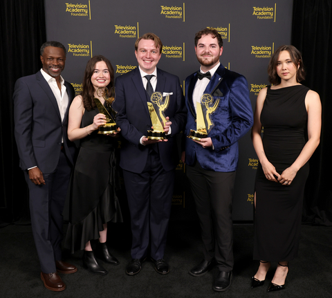 original Sean Patrick Thomas (left) and London Thor (far right) with Brigham Young University students (from left) Abigail Tolley, Ryan Jones and Austin Lawrence, the Comedy Series and Chance Perdomo Legacy Scholarship winners at the 45th College Television Awards presented by the Television Academy Foundation on March 28, 2026, in Los Angeles. (Photo by Mark Von Holden/Invision for the Television Academy/AP Content Services)