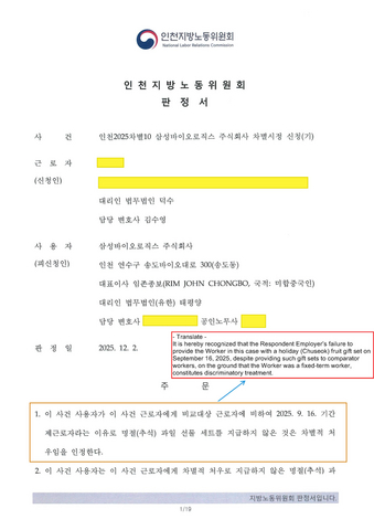 A written judgment from the Labor Relations Commission confirming that Samsung Biologics discriminated against a fixed-term employee regarding holiday benefits.