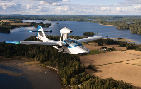 original Atol Aurora, the Finnish-made amphibious aircraft, in the air.
